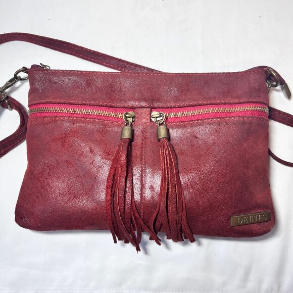 Borse In Pelle-Deines-Soft Calf Leather Crossbody Red Purse-Tassels-Adj Strap - Picture 3 of 15